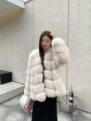 Manteau long en fourrure de renard véritable pour femme, veste noire épaisse avec capuche, manches longues, fourrure de renard véritable, luxe, hiver, grande taille