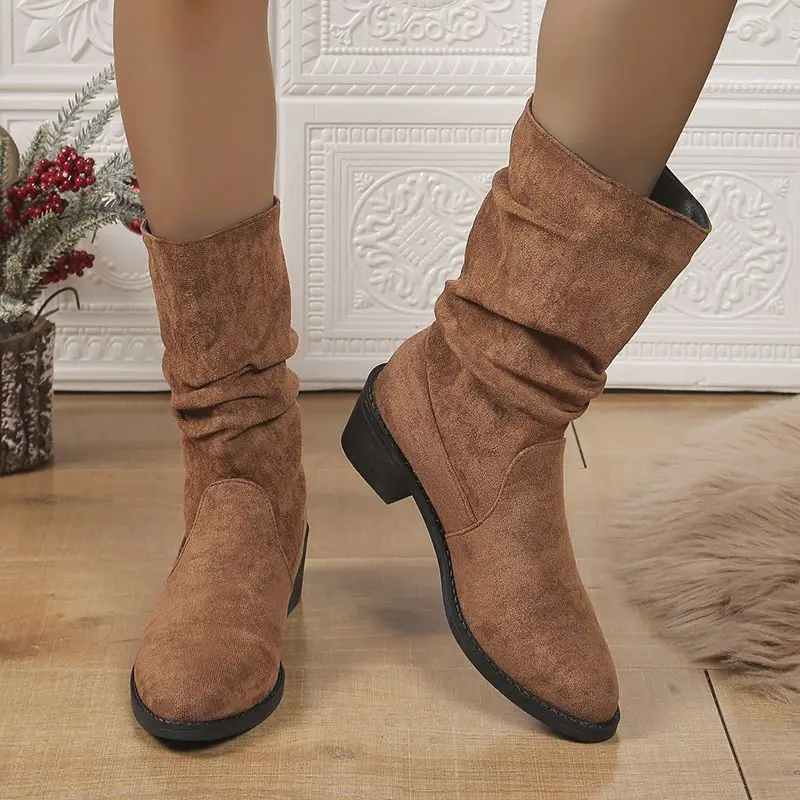 

Autumn Winter Middle Heel Half High Boots for Women Pointed Toe Mid Calf Shoes Woman Comfortable and Elegant Boot on Promotion