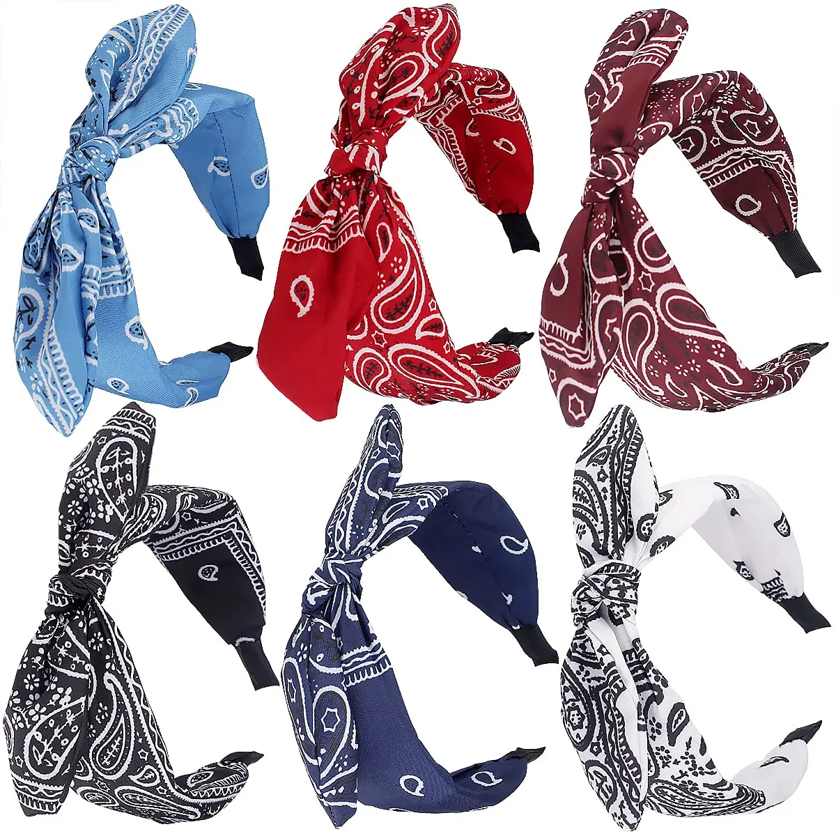 

6pcs Paisley Knotted Bow Headbands with Removable Rabbit Ears - Top Knot & Turban Styles for Women & Girls