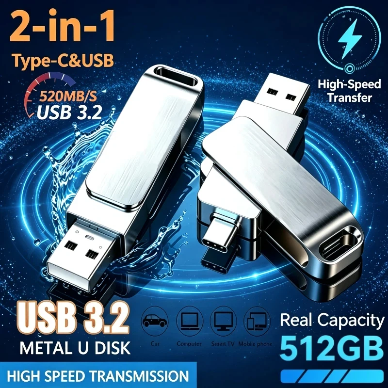 16TB USB 3.3 Flash Drive Metal High-Speed Pen Drive 8TB 4TB Waterproof Type-C USB Pen Drive For Computer Storage Devices