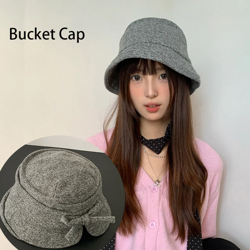 

Autumn Winter French Hepburn Style Women Outing All Match Retro Panama Hat Bowknot Bucket Hat Width Brim Foldable Flat Top Hat