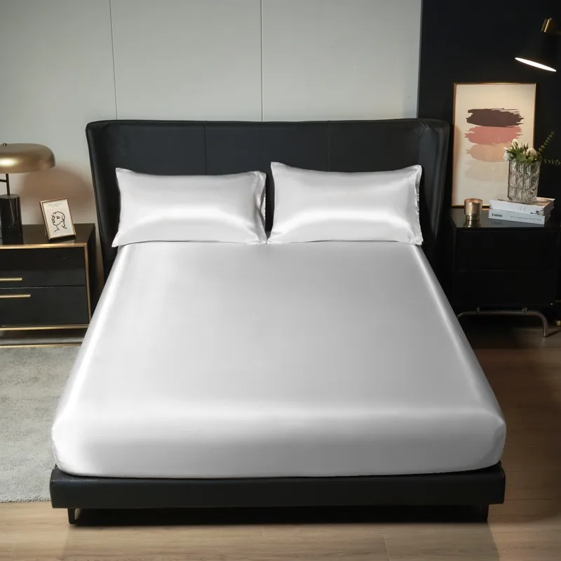 Pure White Satin Frosted Bedsheet, Silk-Like Bedroom Bedspread, Bedding,Fitted Sheet(Excluding Pillowcases)1 Piece