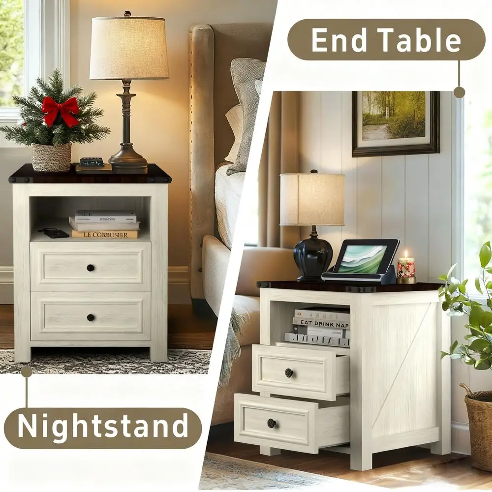 Night Stand Set of 2 with Charging Station, Rustic 18 Inch Bedside Table with 2 Storage Drawers and Open Shelf, Modern Wood End - view 5