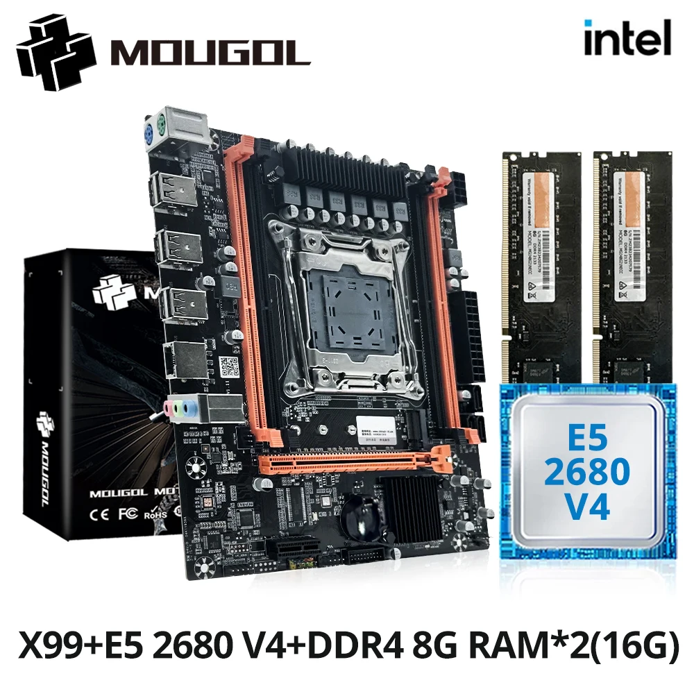 MOUGOL X99 Gaming Motherboard Kit with Intel Xeon E5 2680 V4 & DDR4 8Gx2 2133MHz Dual Channel ECC RAM M.2 NVME for Desktop PC