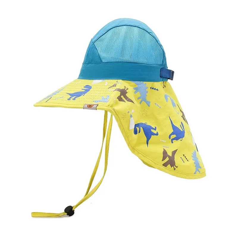 Children\'s New Outdoor Sunshade Sunscreen Bucket Hat, Boys & Girls Print Breathable Face Hat, Dinosaur Beach Hat