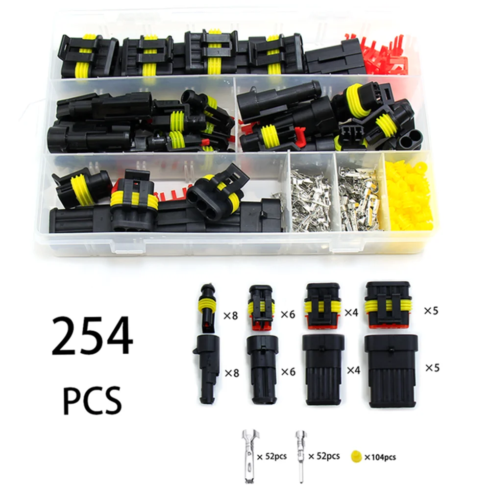 254Pcs Waterproof Automobile Electrical Terminal Automobile Wire Connector Plug Kit 1/2/3/4 Pin Connector Male and Female