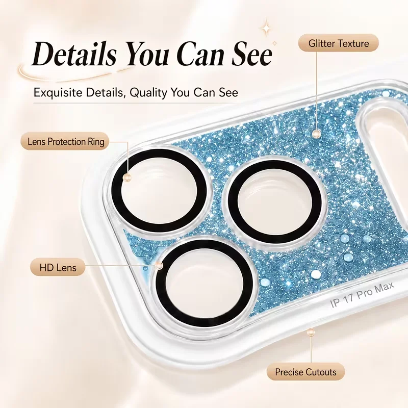 Premium Liquid Glitter Camera Case for iPhone 17 Pro/Pro Max High-End Floating Sand Lens Protective Film HD Transparent Sparkling Upgraded Version