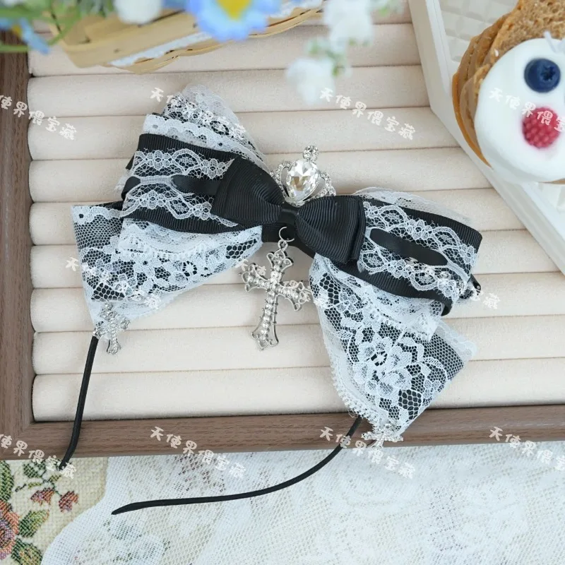 Japanese Mine Mass-produced Sweet Lolita Headband KC Subculture Girl's Woman's Cute Bow Lace Splicing Cross Hair Accessories