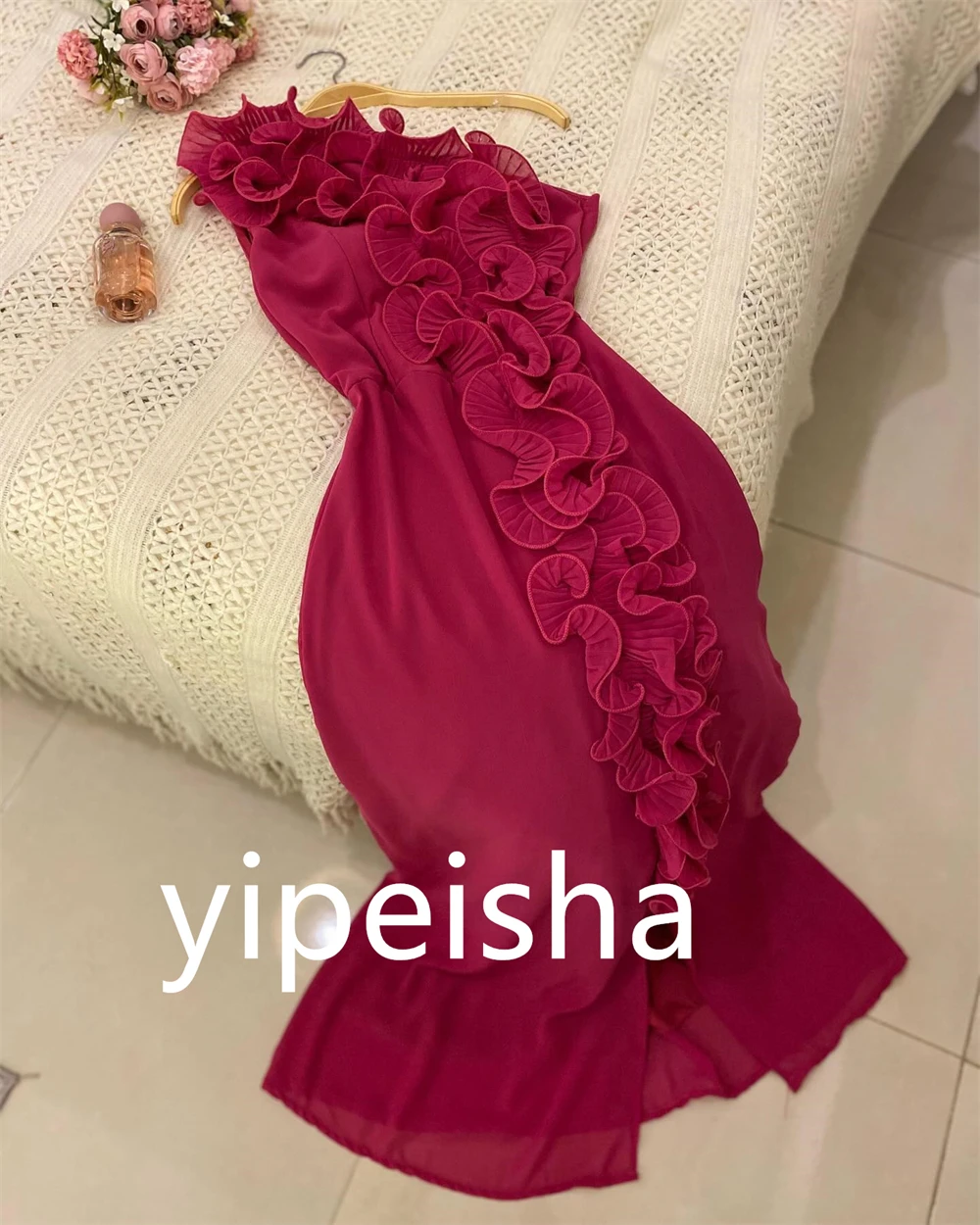 Vestido de quinceañera de corte a con un solo hombro, faldas hasta el tobillo con nudo, batas de noche de gasa, moda personalizada