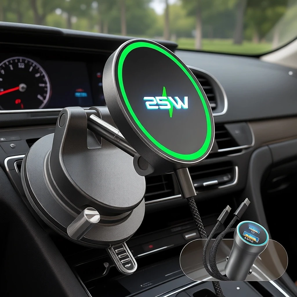 

Qi2 25W Magnetic Wireless Car Charger with Suction Cup Mount Stable Fast Charging for Phones