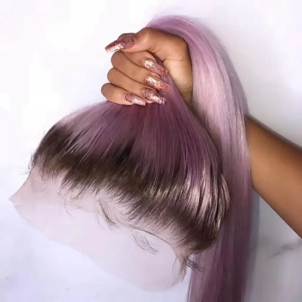 Pré arrancadas peruca cheia roxa do laço, rosa reta frente do laço, perucas de cabelo humano sem cola, transparente HD laço frontal peruca, Ombre e rosa, 13x4