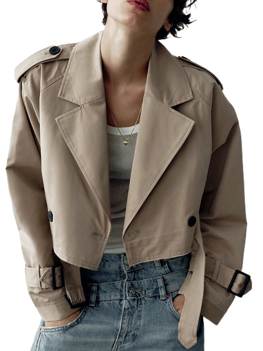 Women s Casual Cropped Trench Coat Lapel Long Sleeve Double Breasted Cardigan Windbreaker Jacket Outwear with Belt