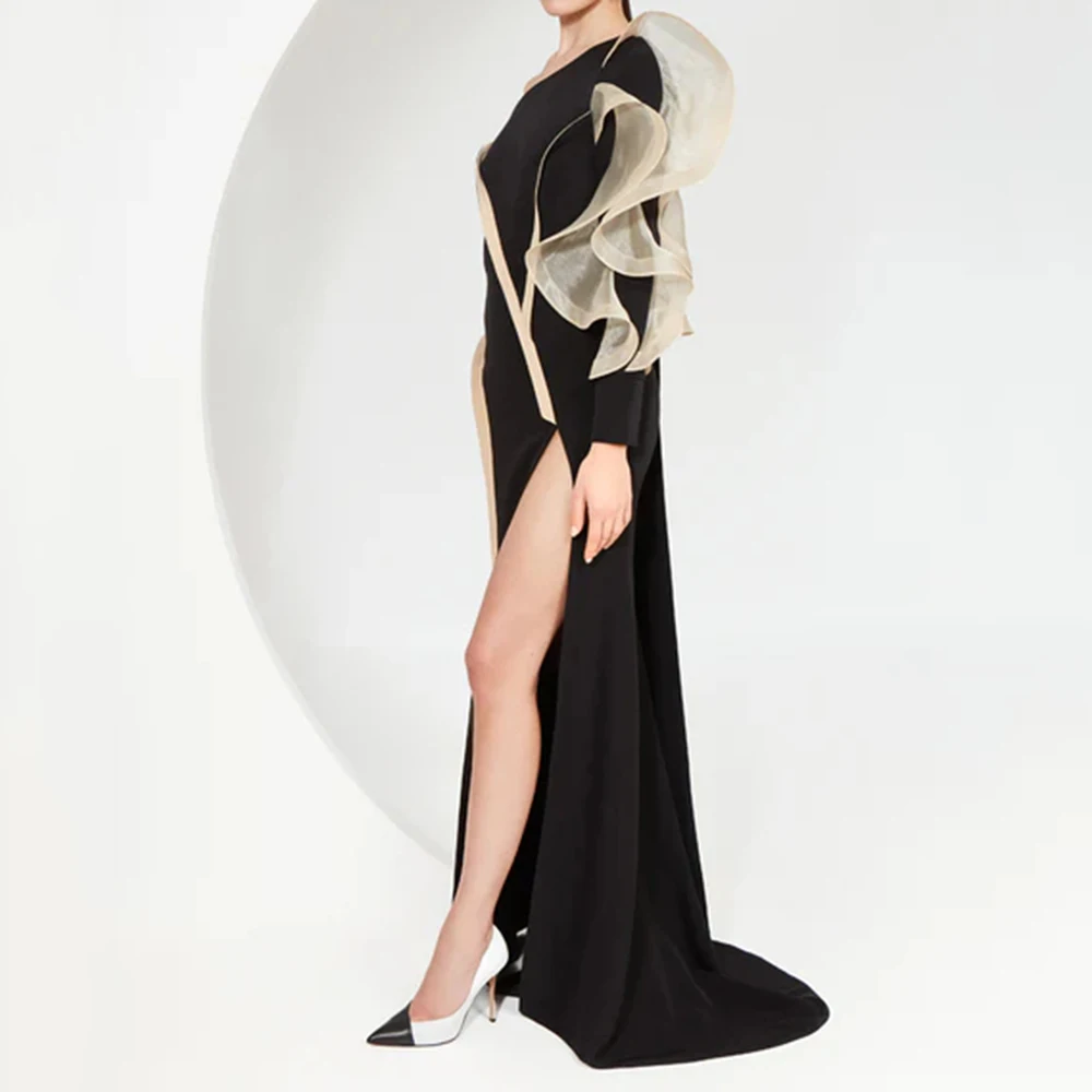 فساتين سهرة حورية البحر مخصصة بطول الأرض بكتف واحد وأكمام طويلة فستان حفلات أنيق مكشكش بسيط ثنيات للحفلات