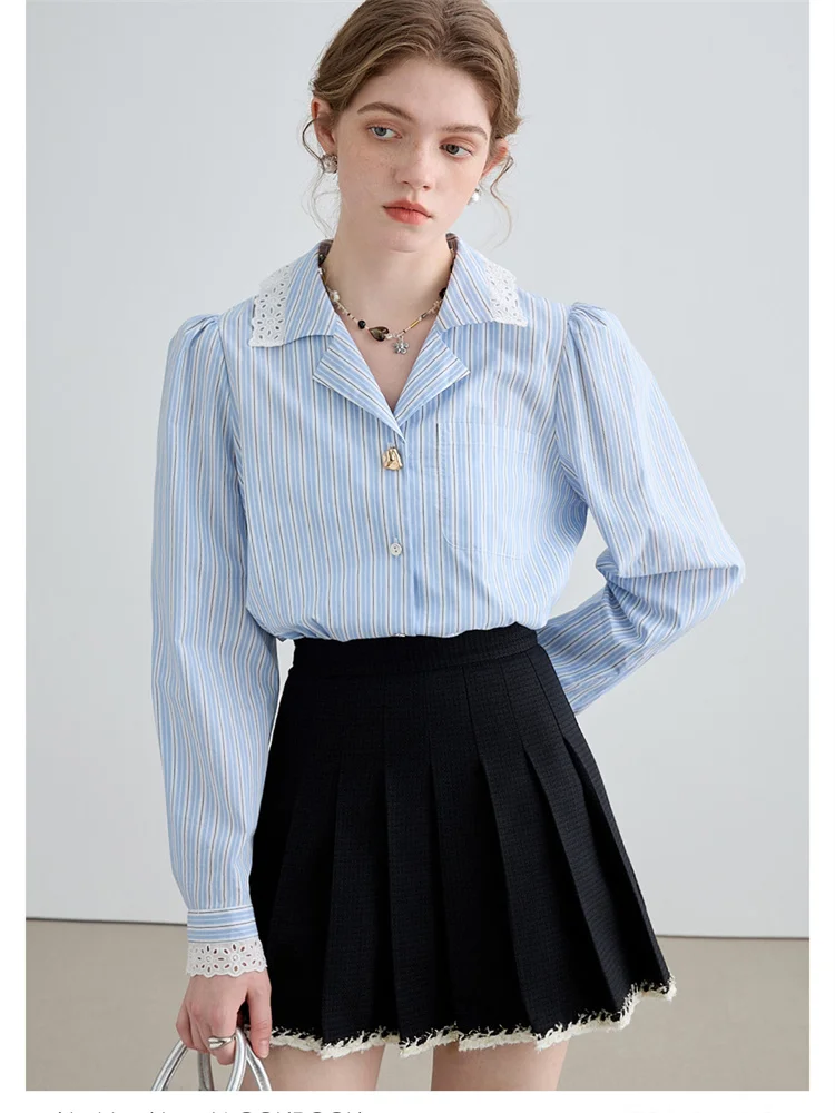 

MOLAN Blue Striped Woman Fashion Blouse Collar Elegant Simple Autumn New All-Match Long Sleeve Cute Top Female Casual Tops