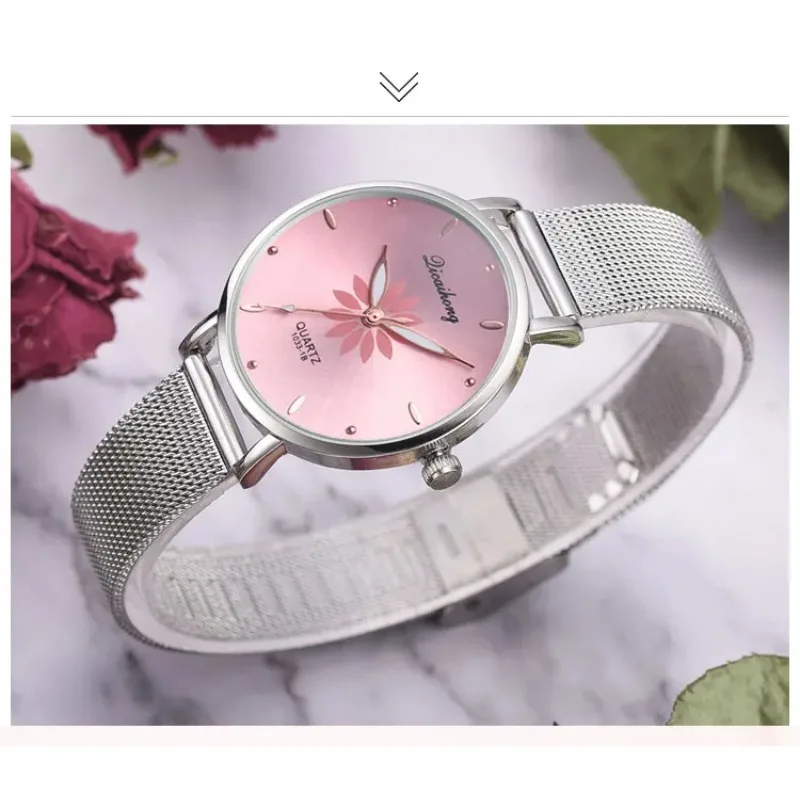 Watches For Women Luxury Silver Popular Pink Dial Flowers Metal Ladies Bracelet Quartz Clock Ladies Wrist Watch New Clock