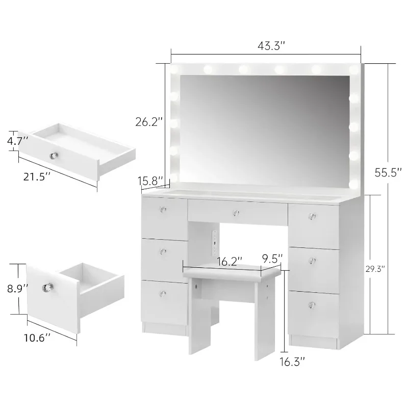 Vanity with Lighted Mirror - Makeup Vanity Desk with Glass Top, 7 Drawers and Power Outlet, 3 Color Lighting Modes