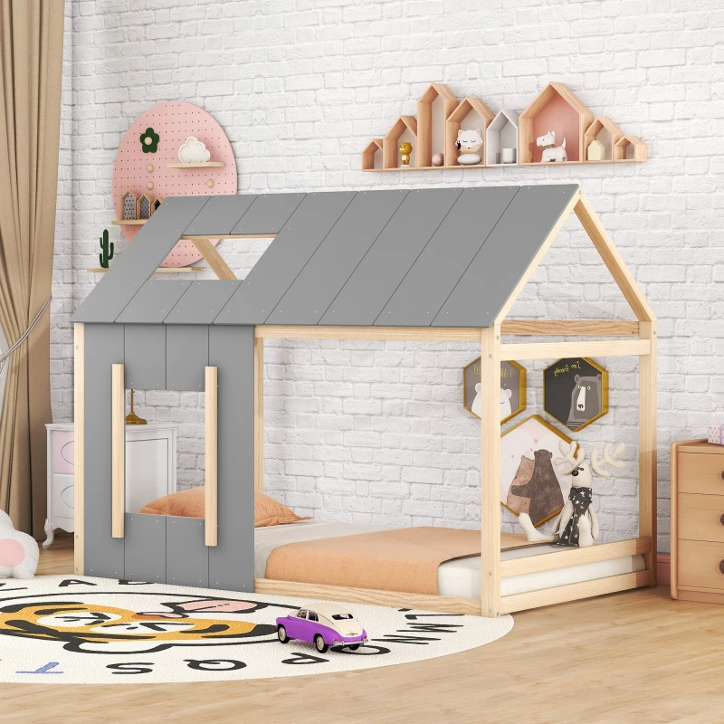 Lit enfant 90 x 200, lit enfant en forme de maison, lit simple en forme de maison avec toit et fenêtre, Naturel + Gris (ETA:12/8)