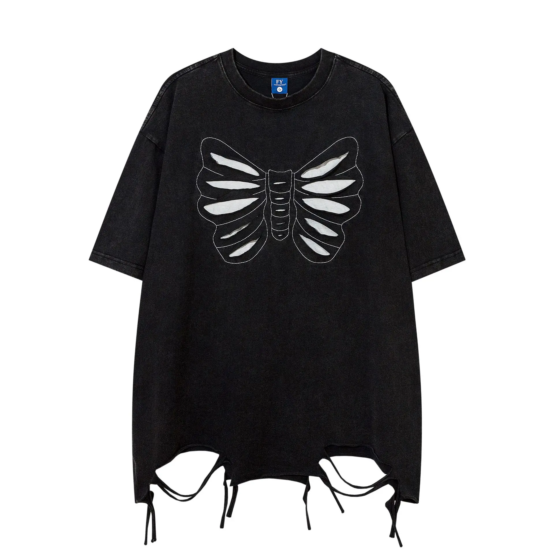 Fashion High Street Ripped Oversized Hip Hop T Shirts With Butterfly Embroidery Distressed Loose Fit Tees Short Sleeve Tops