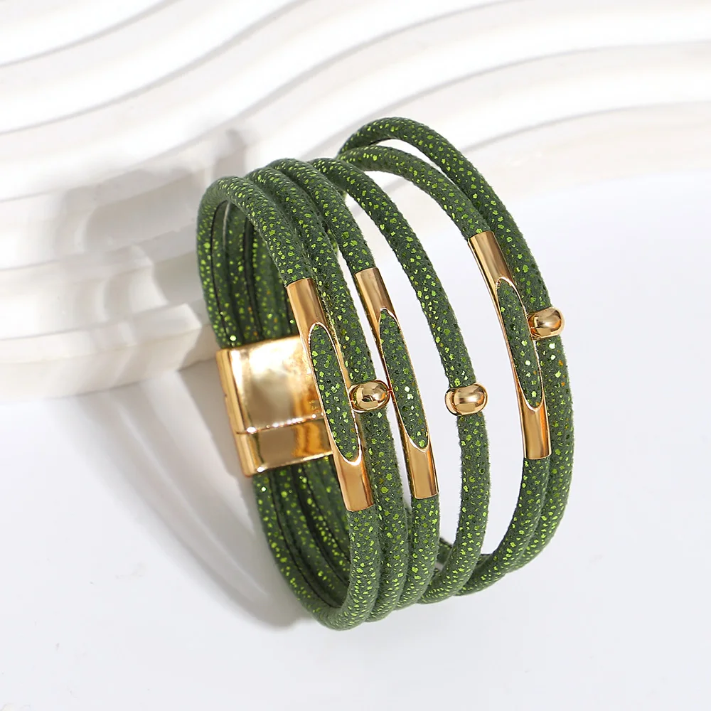 ALLYES Fashion Metal Tube Sequins Leather Bracelet for Women Shiny Boho Multilayer Wrap Wide Bracelets Party Christmas Jewelry