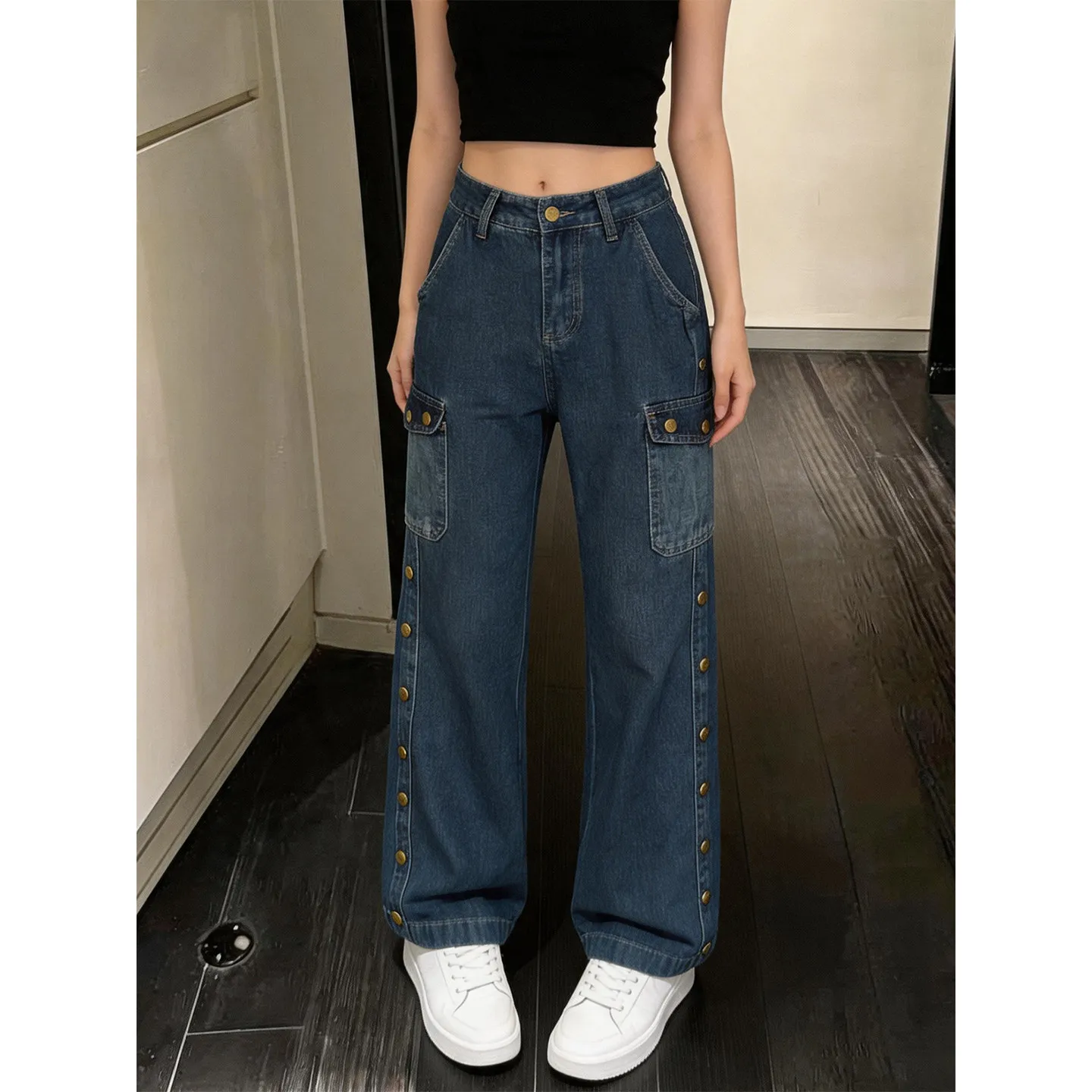 Women Dark Blue Cargo Wide Leg Jeans High Waist Side Button Decor Multi Pockets Loose Denim Pants Y2K Streetwear Casual Trousers