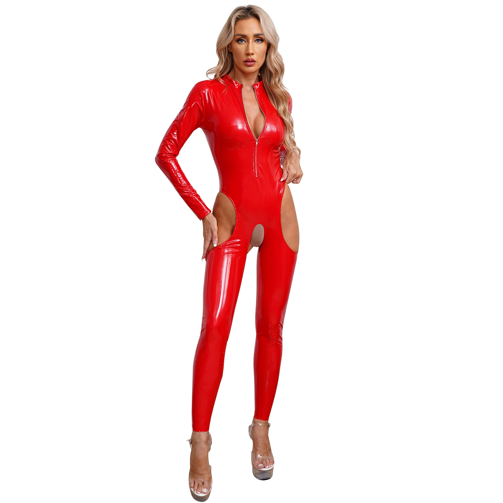 Women Sexy Open Crotch Wet Look Jumpsuit Faux Leather Full Body Suit Latex Catsuit Long Sleeve Zipper Jersey One-Piece Clubwear