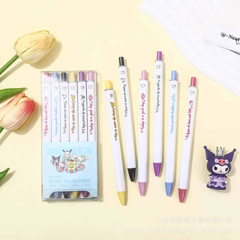 Stylos gel Sanurgente souhaits pour l'écriture, encre noire, stylo Melody Pochacco, fournitures de bureau et scolaires, cadeau pour enfants, mignon, 0.5mm, 6 pièces par boîte