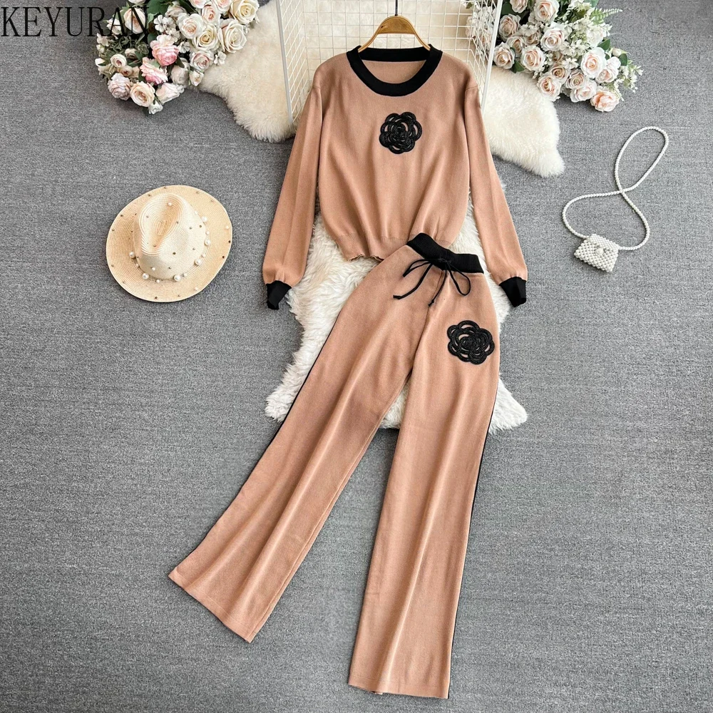 Flower Embroidery Knitted 2 Piece Women Set Winter Spring Casual Black Knitting O-Neck Sweater Long Sleeve Top + Long Pants Sets