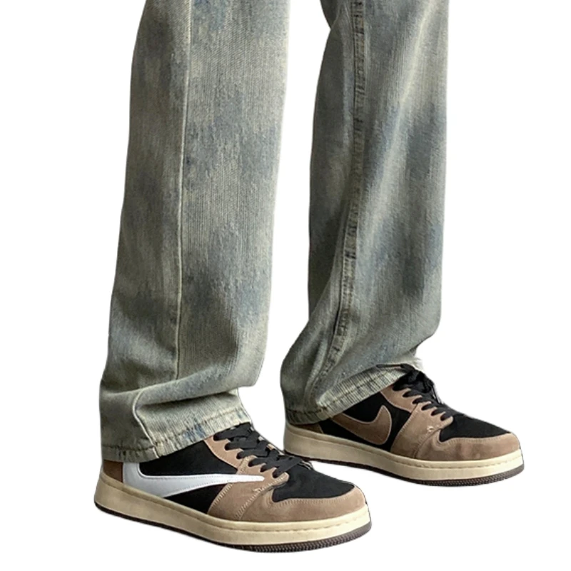 Trendy Vintage Wave Print Tie-dyeing Water-washed Blue Distressed Straight Leg Jeans for Men, American High Street Style