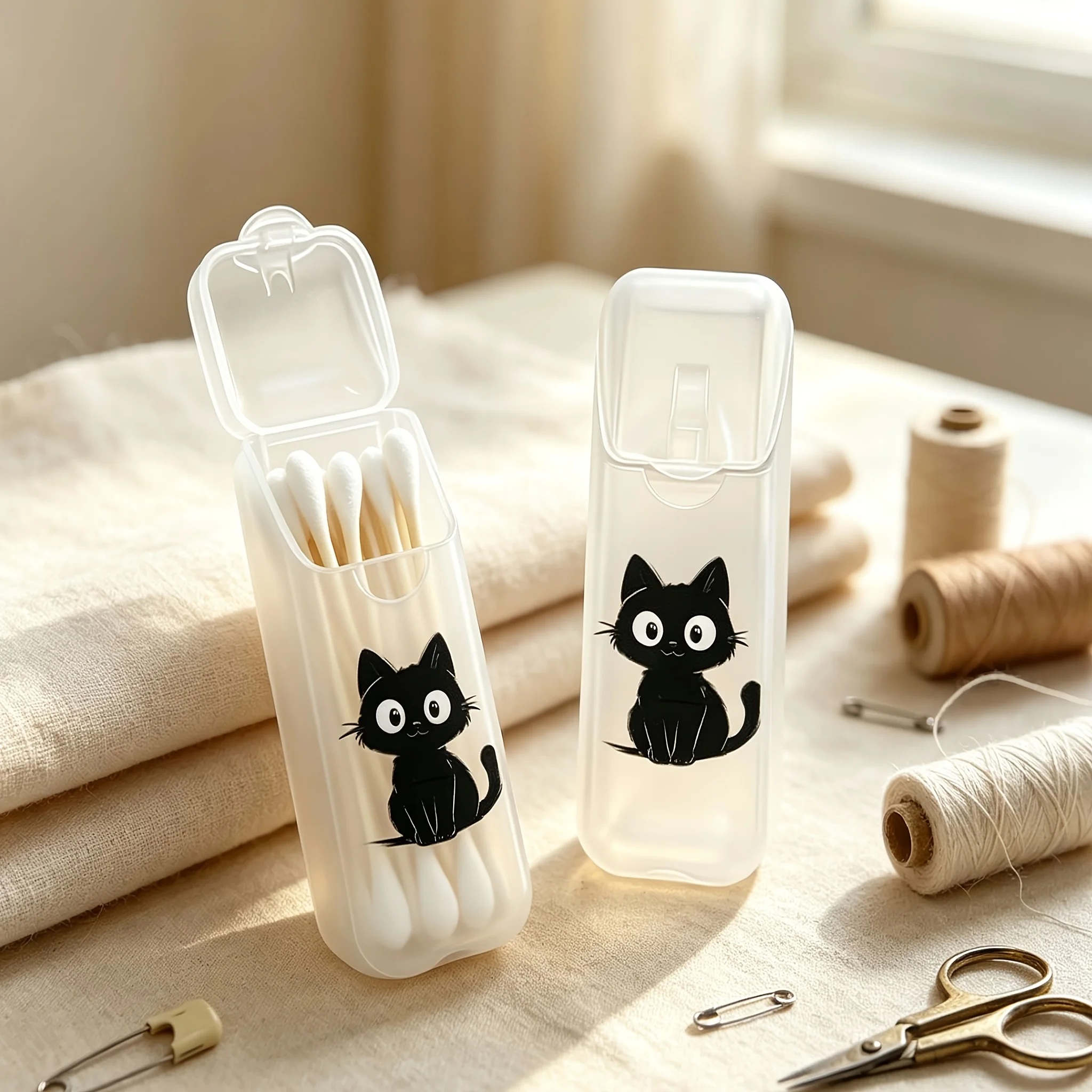2pcs Black cat printed portable storage box, mini plastic flip cover box, cotton swab dental floss jewelry travel storage box