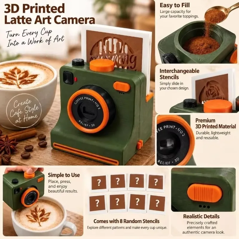 3D Printed Funny Coffee Latte Camera Replaceable Cards One Touch/ Press DIY Latte Art Camera Tool Vintage Look Included Stencils