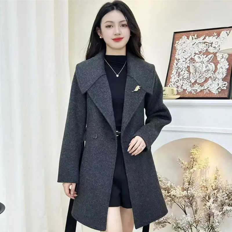 سترة صوفية عصرية للسيدات ذات وجهين للربيع والخريف بأكمام طويلة ملابس خارجية كورية للسيدات معطف متوسط الطول غير رسمي #6