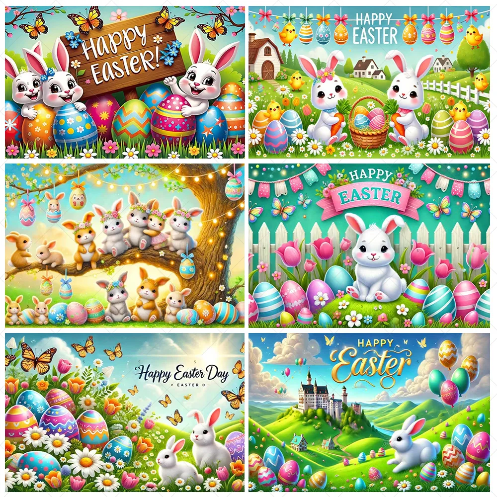 

Spring Vibrant Rabbit Backdrop Supplies Happy Easter Theme Background Banner Bunny Easter Eggs Party Decoration Photography Prop