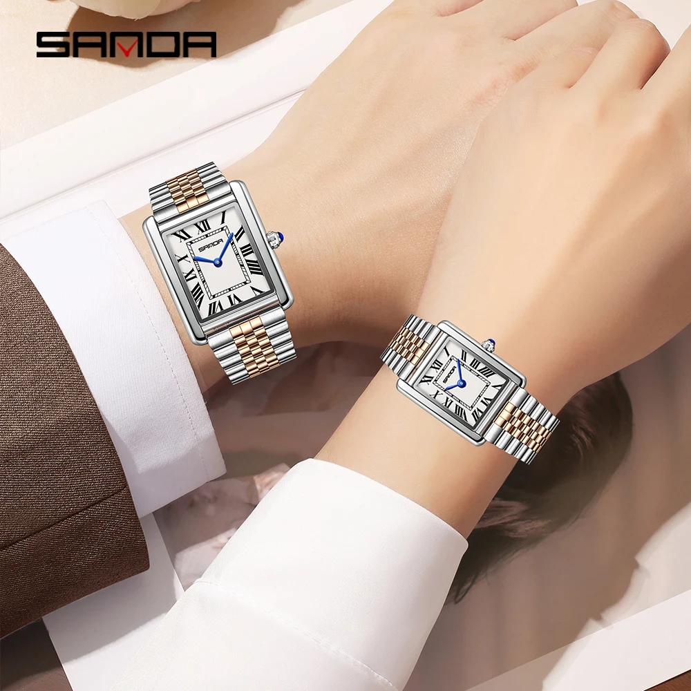 Sanda แบรนด์ชั้นนําใหม่ 1108 แฟชั่นสแควร์คู่นาฬิกาควอทซ์ขนาดโรมันกันน้ําผู้ชายและผู้หญิงนาฬิกาควอทซ์