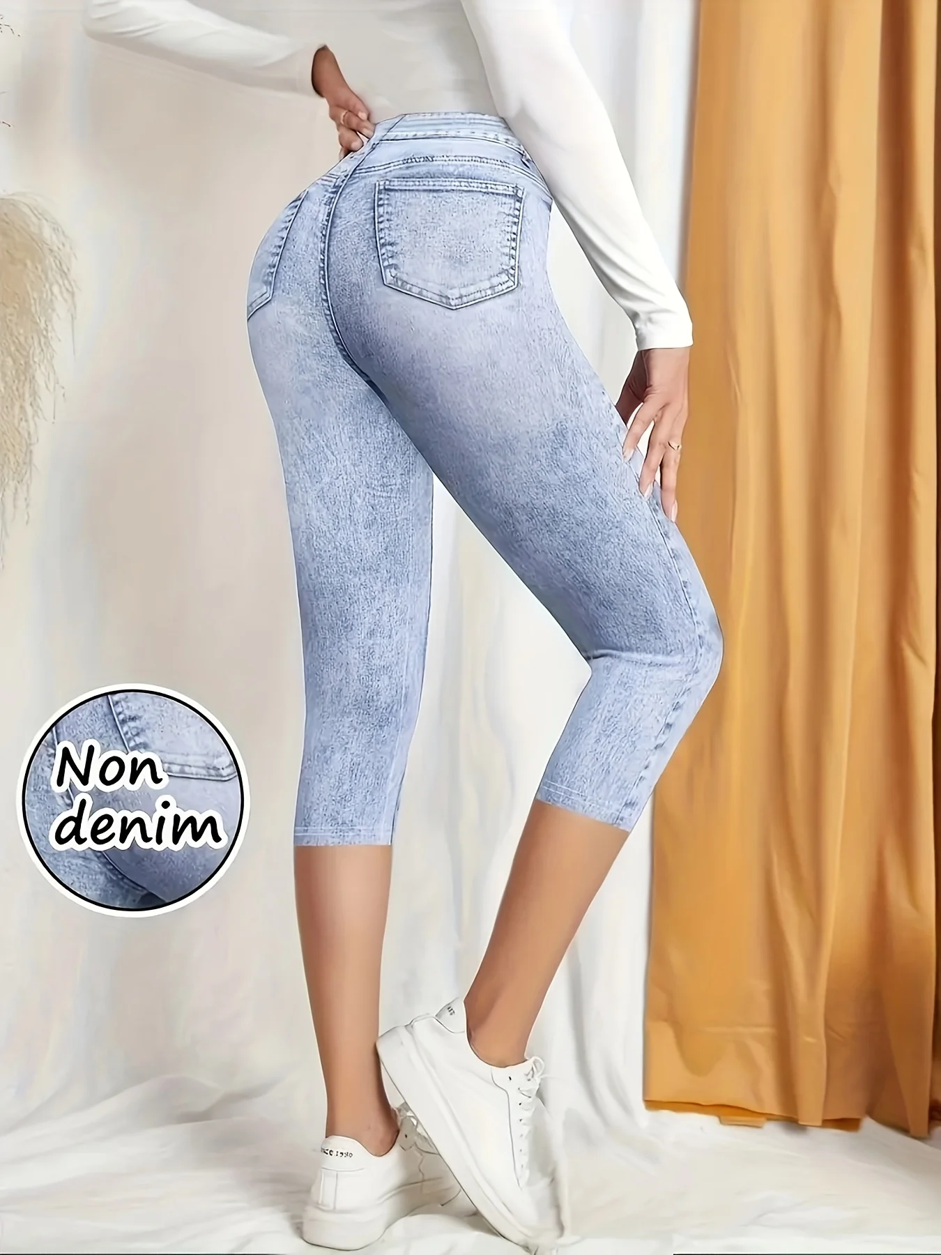 Y2K Women High Rise Fake Denim Printed Capri Leggings Non Denim High Elastic Slim Fit Streetwear Summer Cropped Pants