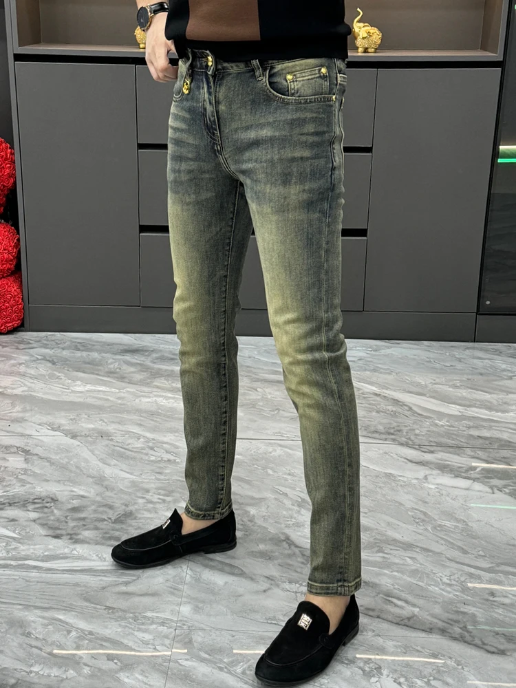 Retro Vintage Men's Slim Fit Jeans Youthful Style Wear Resistant Nine Points Pants Casual Wear All Seasons Chinese Production