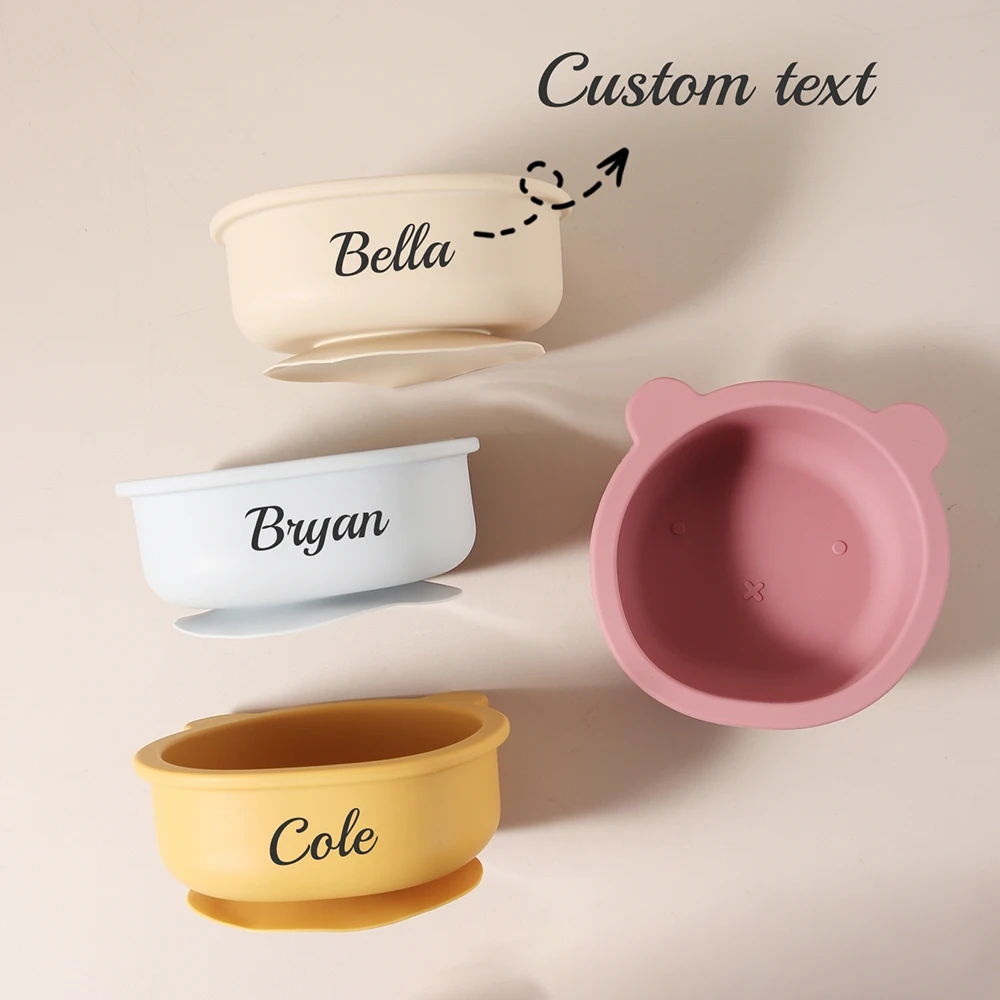 Custom Name Baby Food Bowl 300ML, Cute Bear Silicone Suction Bowl with Strong Suction Base, Spill-Proof Weaning & Self Feeding T