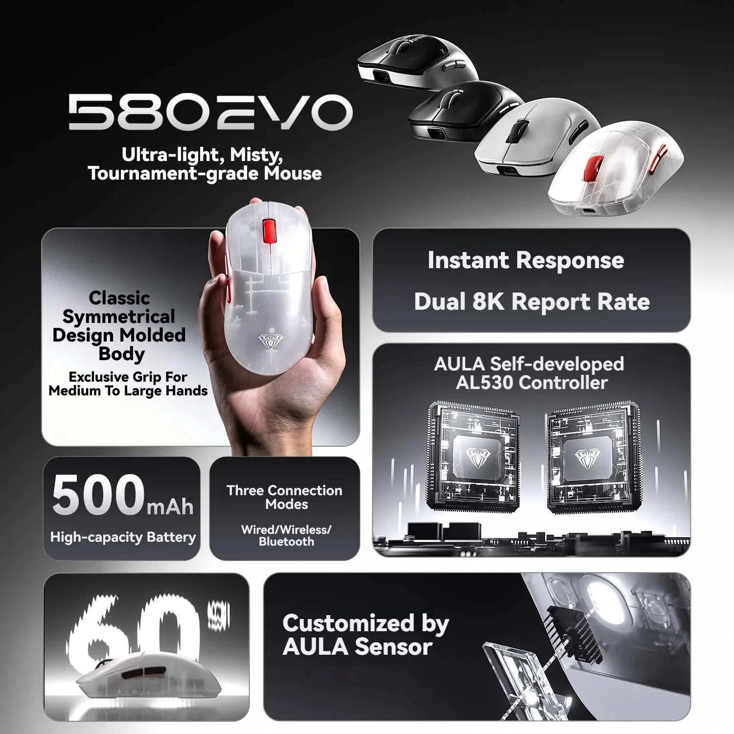 AULA SC580 EVO Tri-Mode Wireless Gaming Mouse Dual 8K Polling Rate 20000DPI AL530 Sensor 60g Lightweight Ergonomic for PC Laptop