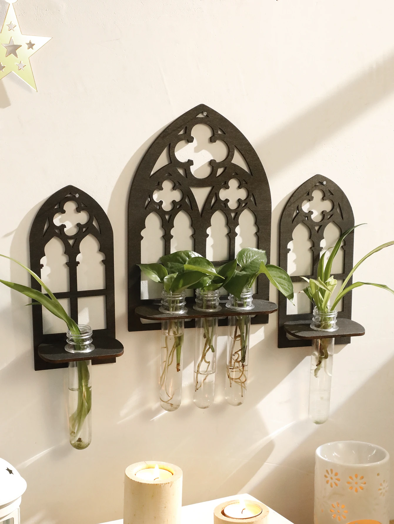 3pcs Gothic Wooden Hollow Wall Vases， Plant Propagation Station，Wall Decor Vintage Cathedral Arch Frame，Goth Rustic Spooky Decor