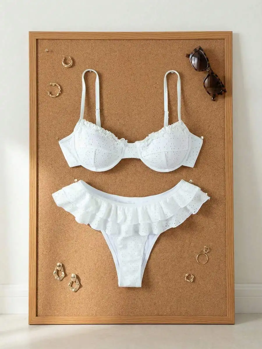 

Womens White Eyelet Ruffled Bikini Set Sexy Beach Swimsuit Summer