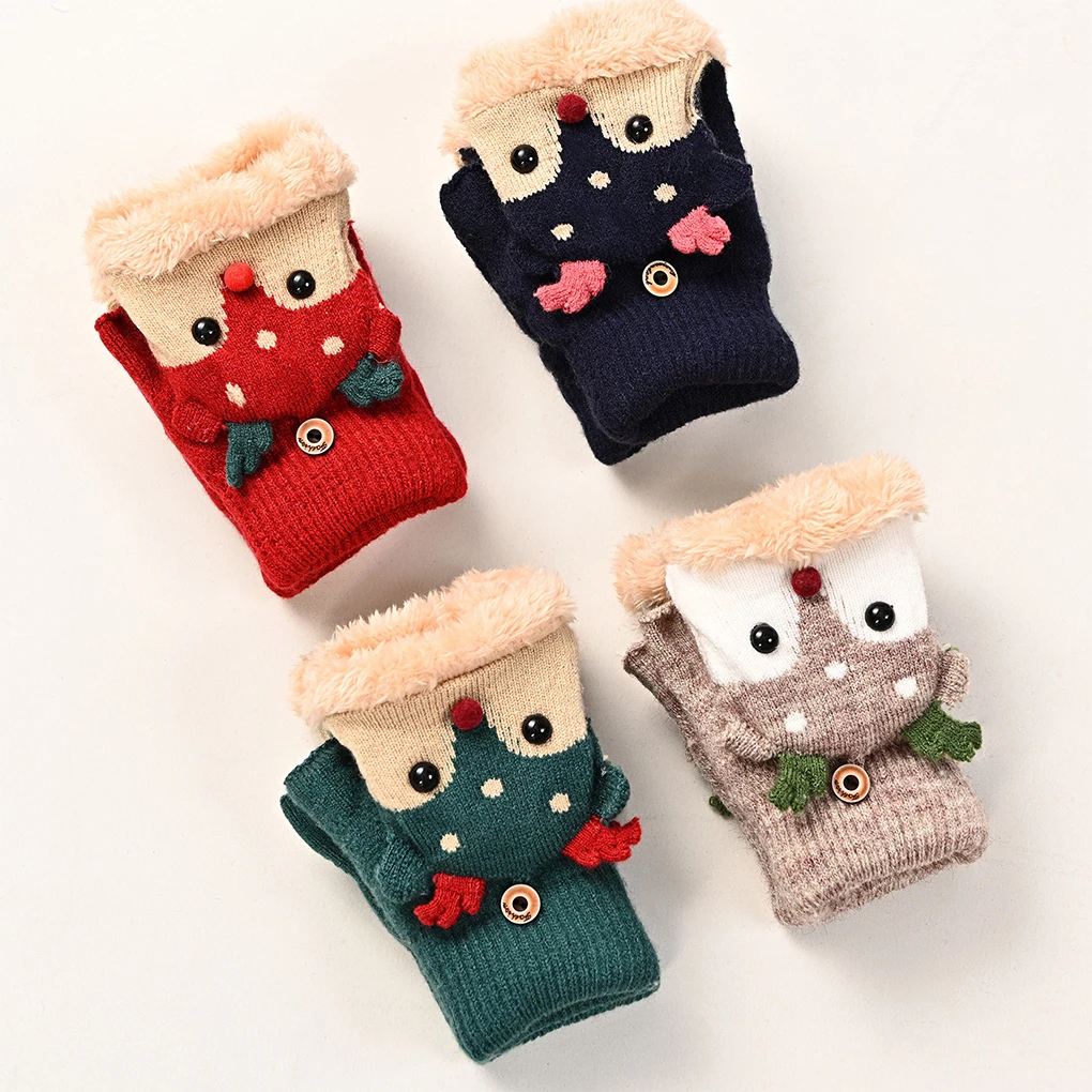 Children Winter Gloves Christmas Cartoon Elk Flip Half-Finger Mittens For Girl Boy Kids Warm Plush Lined Fingerless Glove