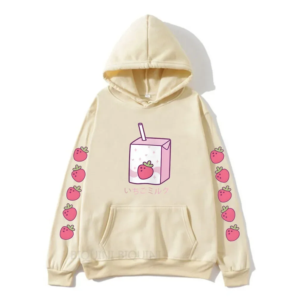 Women Cute Cartoon Strawberry Milk Print Hoodies Plus Size Hooded Prevalent Fashion Sweatshirt Female Winter Warm Pullover