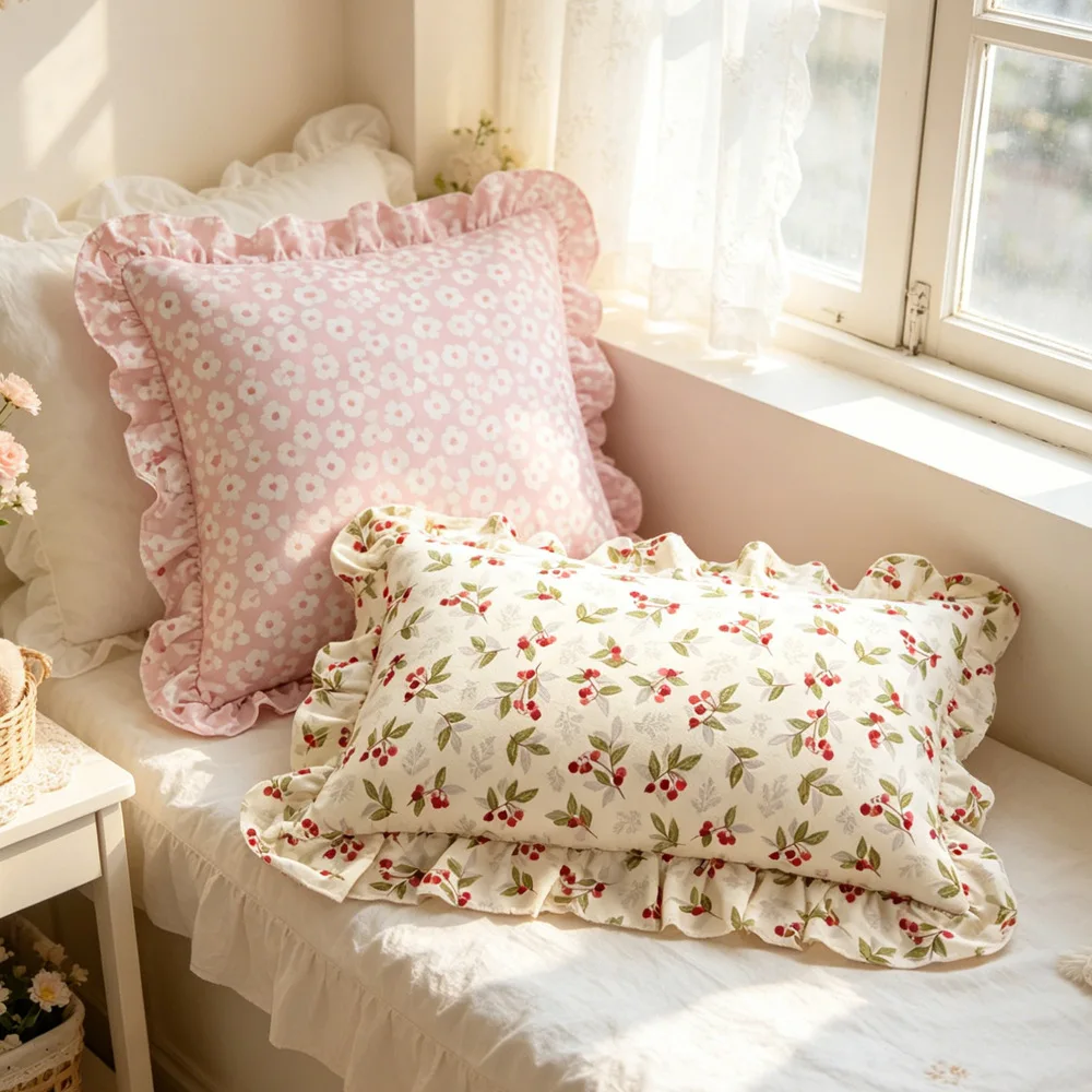 French Country Ruffle Pillow Covers Set Flower Print Lotus Leaf Skirt Edge Pillowcase Throw Pillow Covers for Home Sofa Bedroom