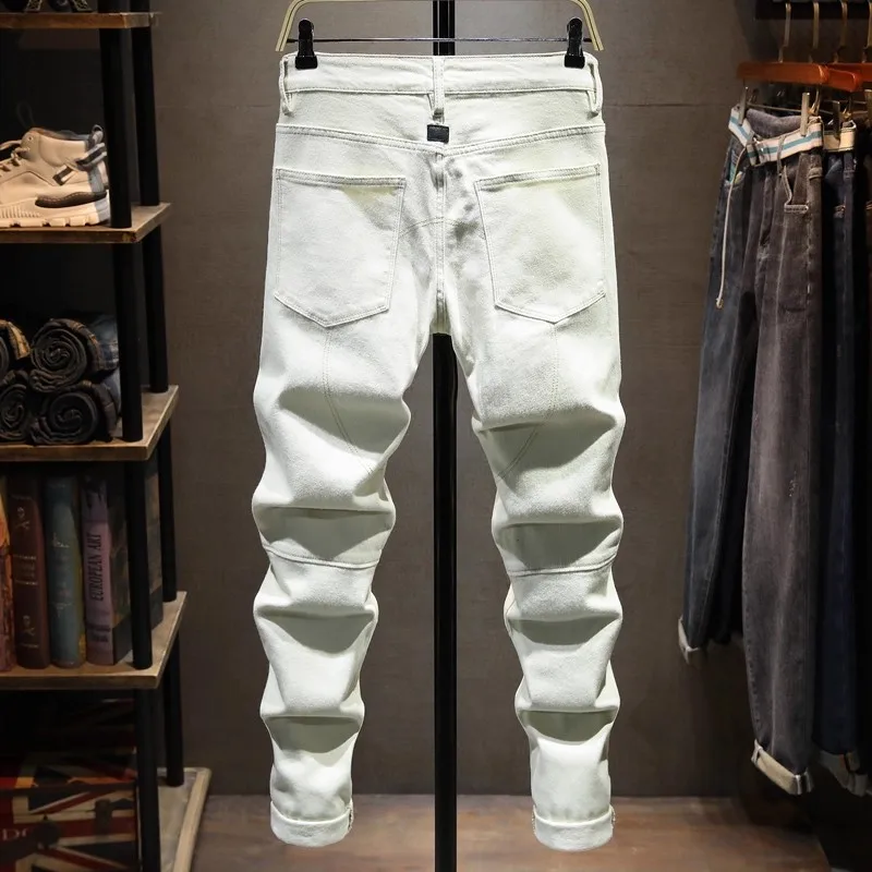 Street fashion men's jeans washed with elastic and slim fit zipper decoration retro white men's motorcycle splicing pants Y2K