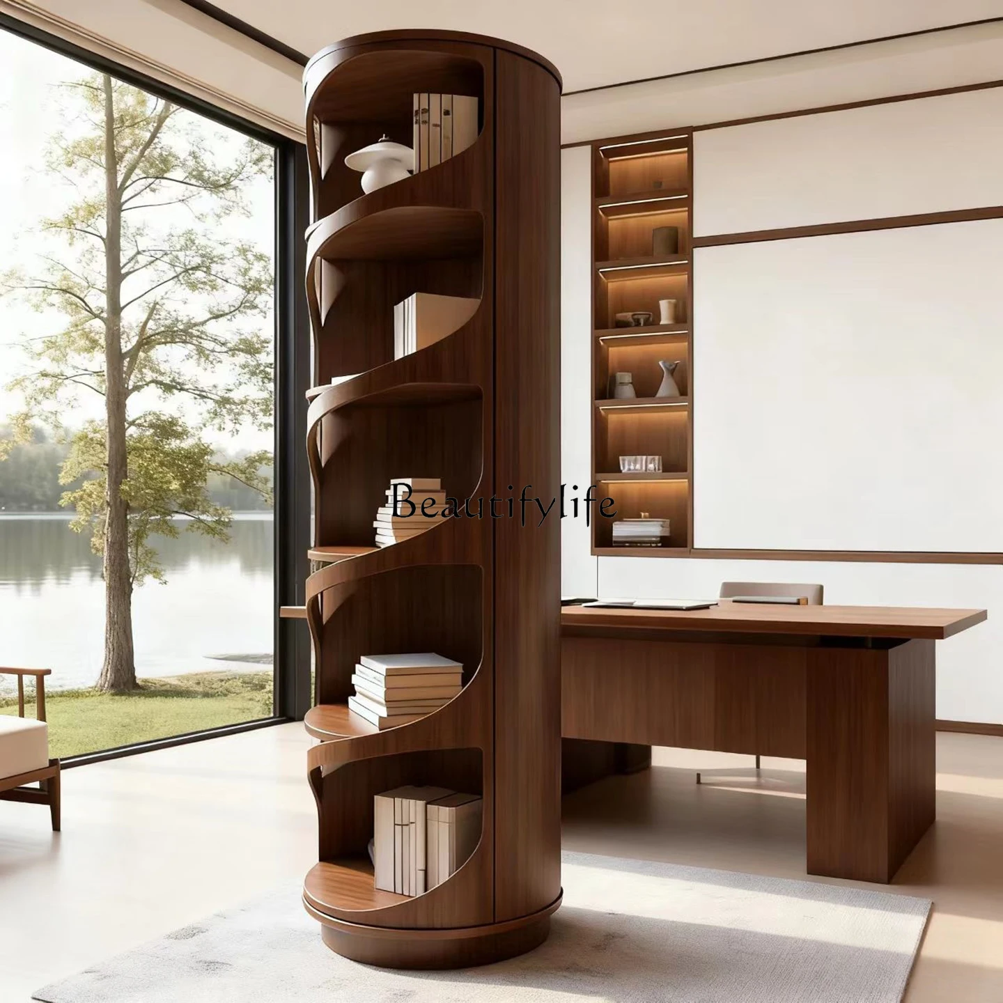 

Household creative rotating bookshelf Solid wood living room storage display shelf