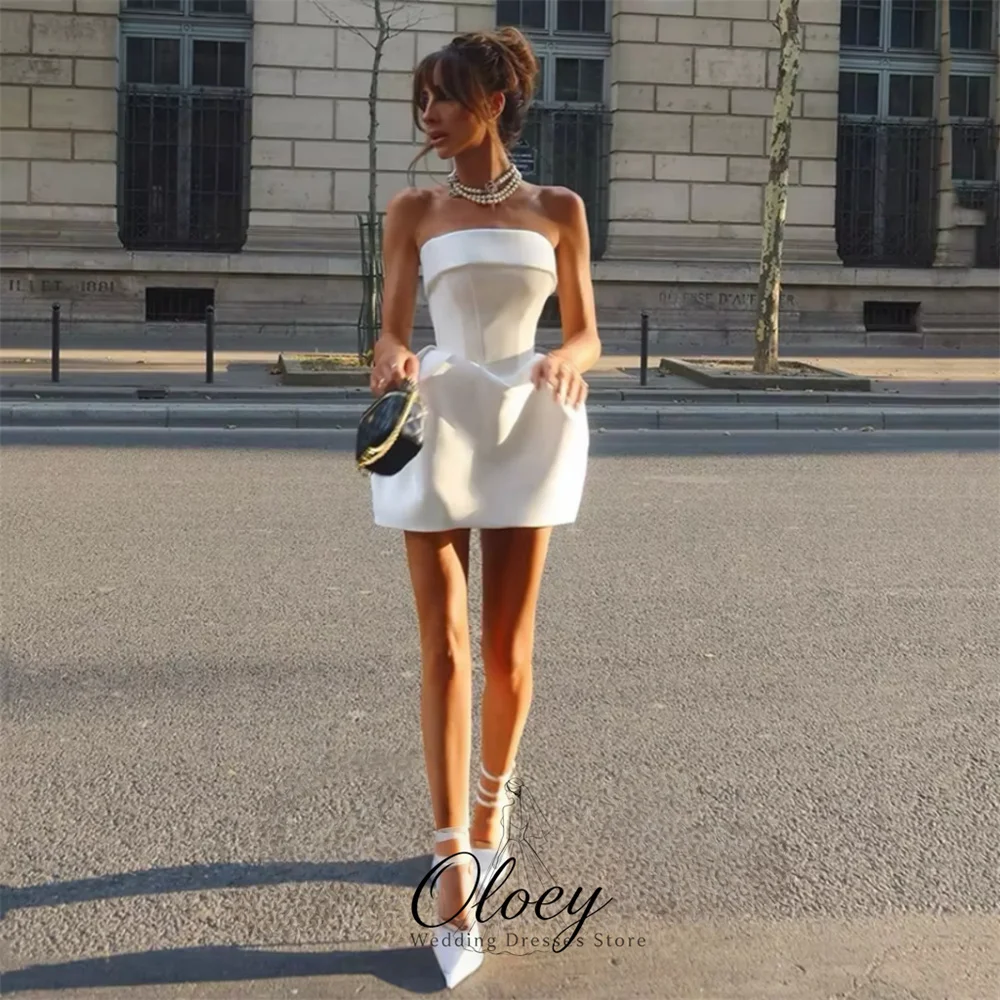 OLOEY Chic Satin Strapless Wedding Dresses For Woman Sleeveless A-Line Mini Bridal Gown Customized Wedding Party Dress 2027