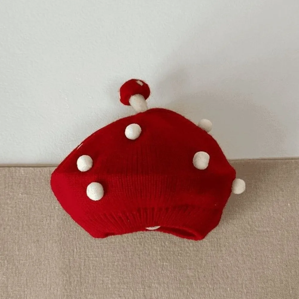 New Soft Knit Beret Hat Mushroom Decor Red Beige Black Kid Knitted Beret Warm Lining Cute Kids Headwear Kids Fashion