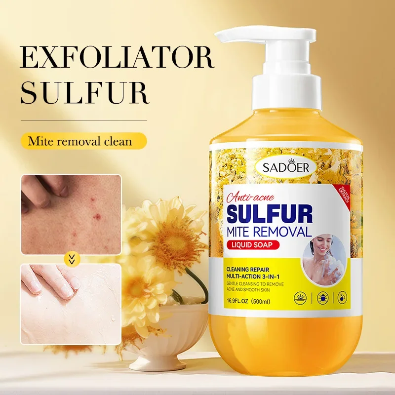 500ml Pulizia profonda Rimozione degli acari allo zolfo Lavaggio del corpo Controllo dell\'olio Gel doccia Detergenti per il bagno e il corpo