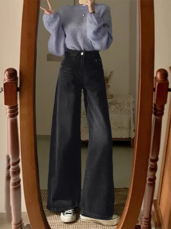 Black Wide Leg Denim Jeans Women's Loose Fit High Waist Straight Casual Style for Junior And Senior High School Students