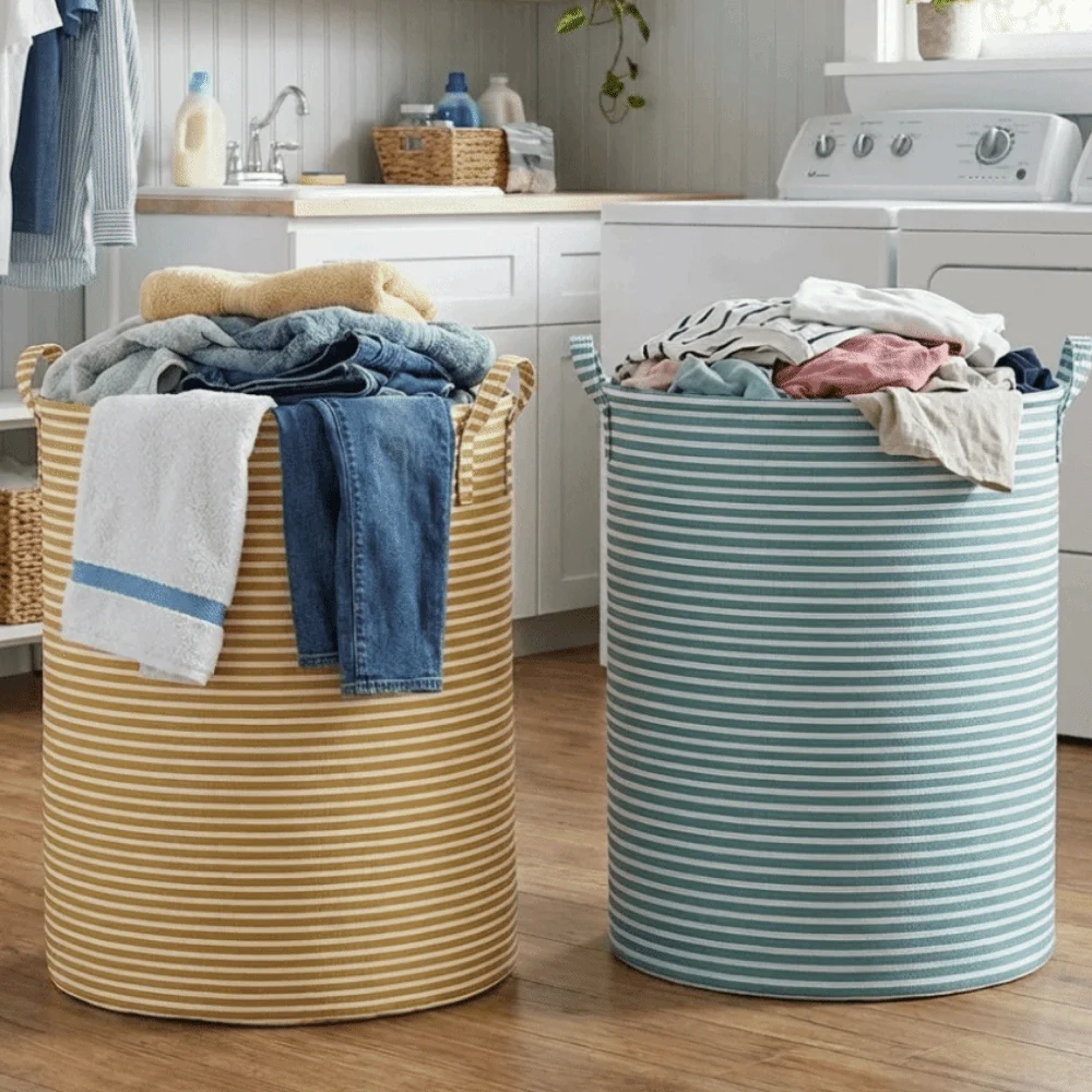 Non-Woven Fabric Striped Laundry Basket Folding Large Capacity Sundries Storage Basket with Handle Space Saving