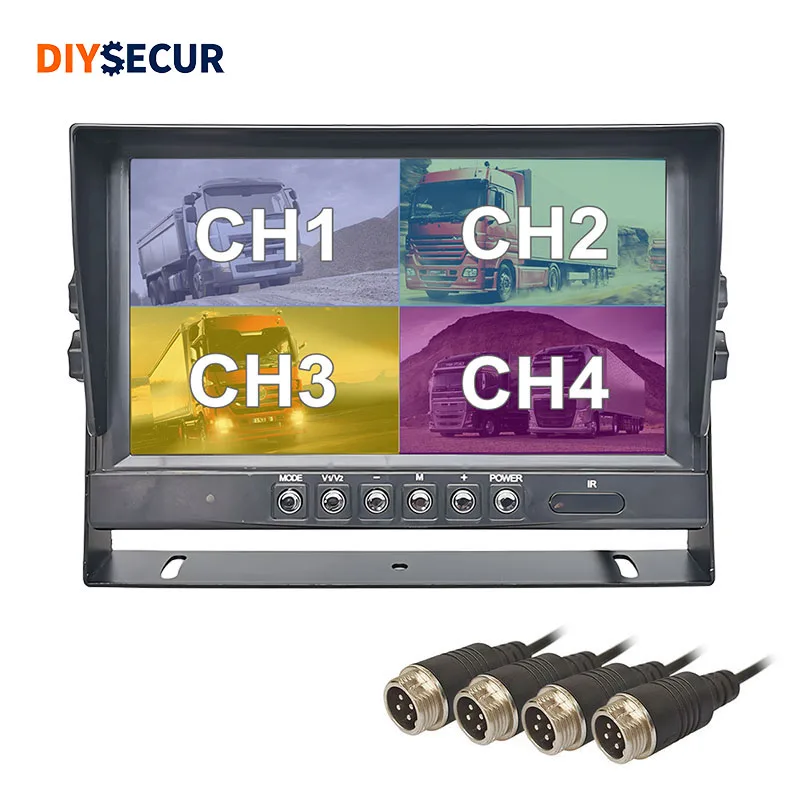 DIYSECUR CVBS Signal 4CH 9inch 4 Split Quad Screen Display Backup Rear View Car Monitor for CVBS Car Truck Bus Reversing Camera